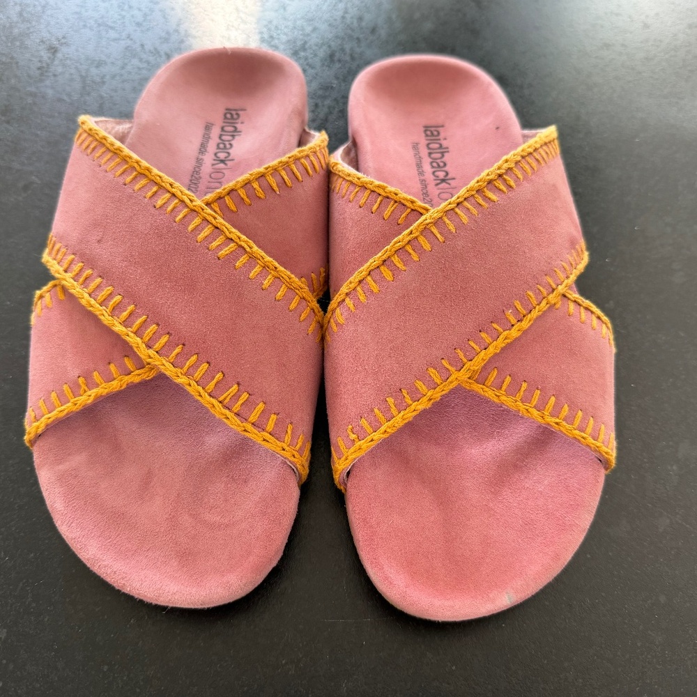 Laid Back London Jadine Sandsl Dusty Pink Saffron Suede Slides Sandals Size  38